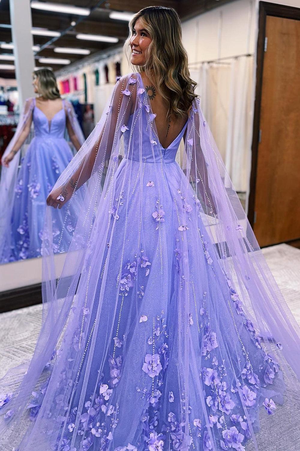 Lavender Spaghetti Strap A-Line Tulle Long Prom Dress with Sequins and Appliques