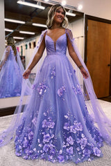 Lavender Spaghetti Strap A-Line Tulle Long Prom Dress with Sequins and Appliques