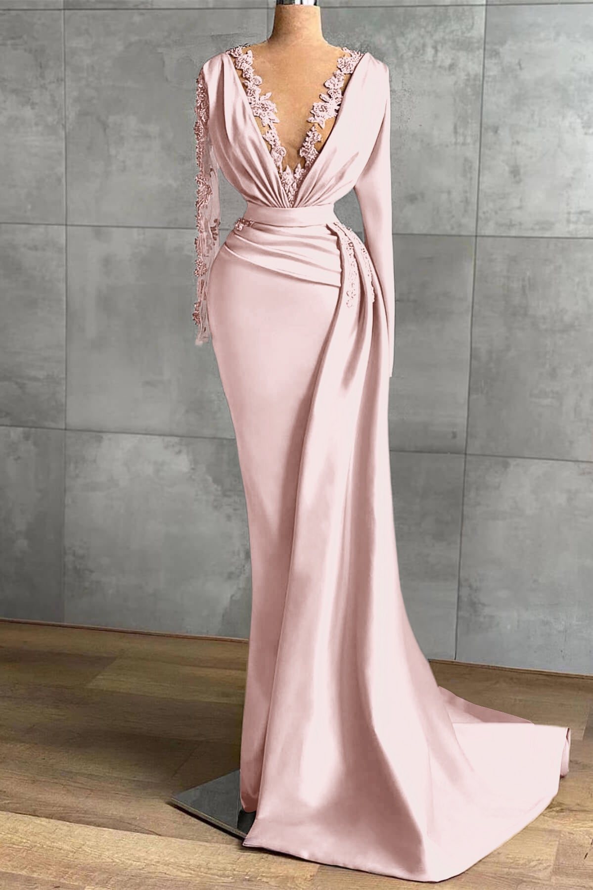V-Neck Long Sleeve Mermaid Long Prom Dress with Ruffles and Appliques