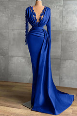 V-Neck Long Sleeve Mermaid Long Prom Dress with Ruffles and Appliques