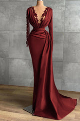 V-Neck Long Sleeve Mermaid Long Prom Dress with Ruffles and Appliques