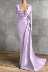 V-Neck Long Sleeve Mermaid Long Prom Dress with Ruffles and Appliques
