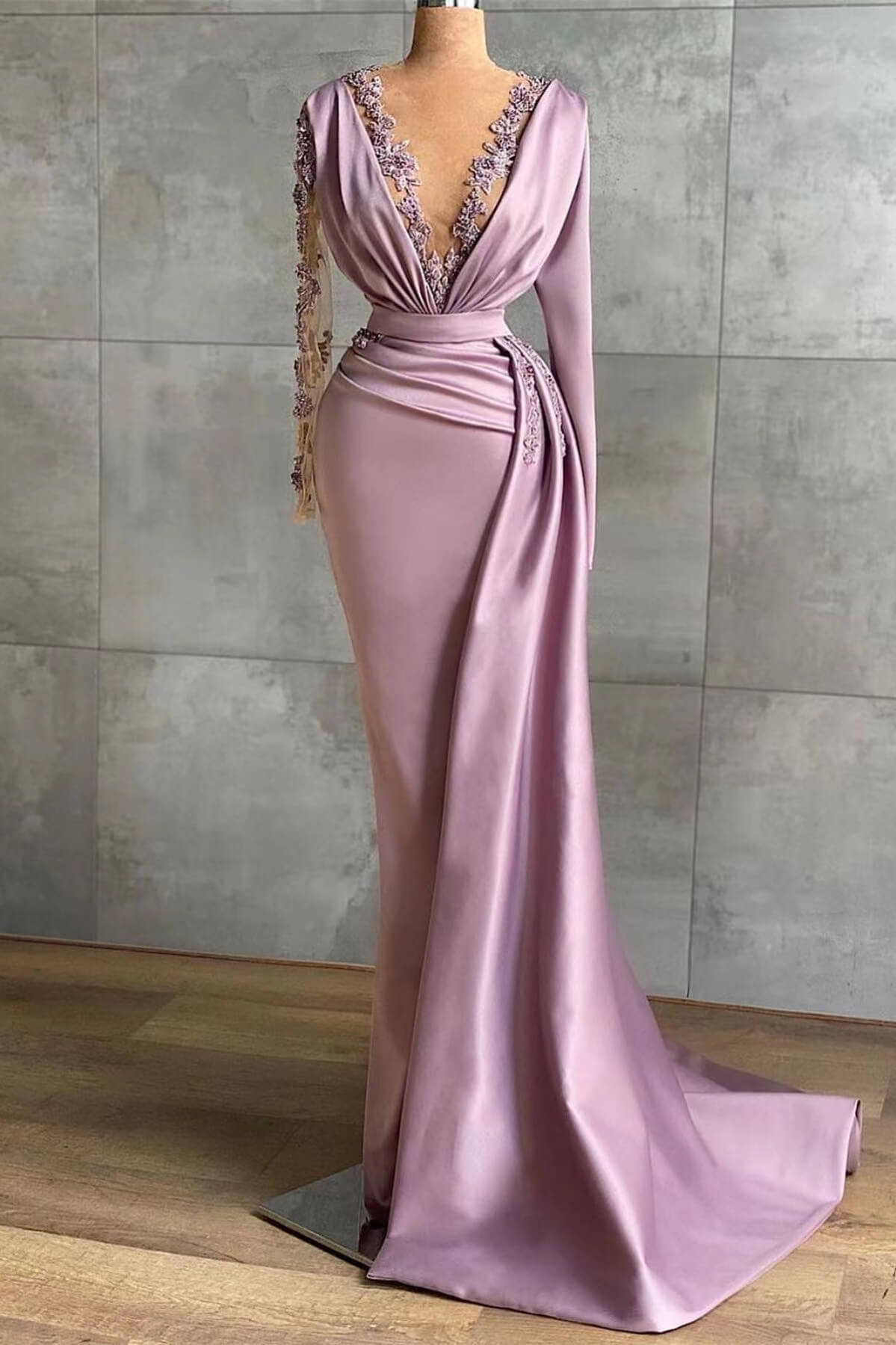 V-Neck Long Sleeve Mermaid Long Prom Dress with Ruffles and Appliques