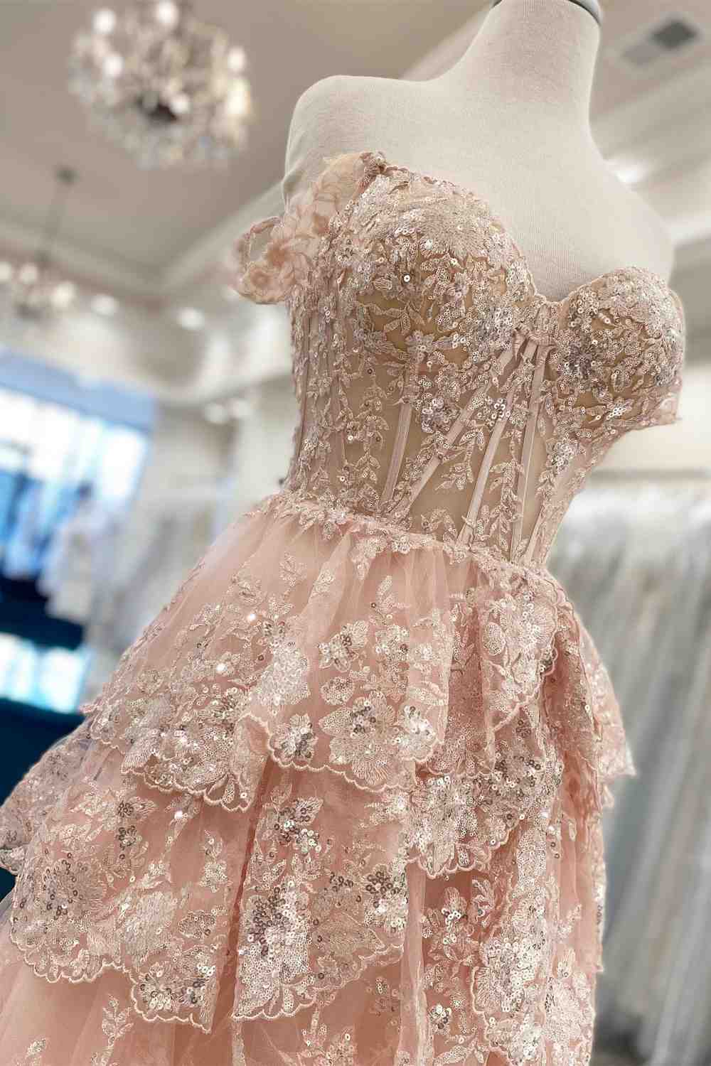 Light Blue Corset Lace Tiered Tulle Long Formal Dress