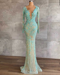 Long Sleeve Mermaid Tulle Prom Dress with Beading and Sequins