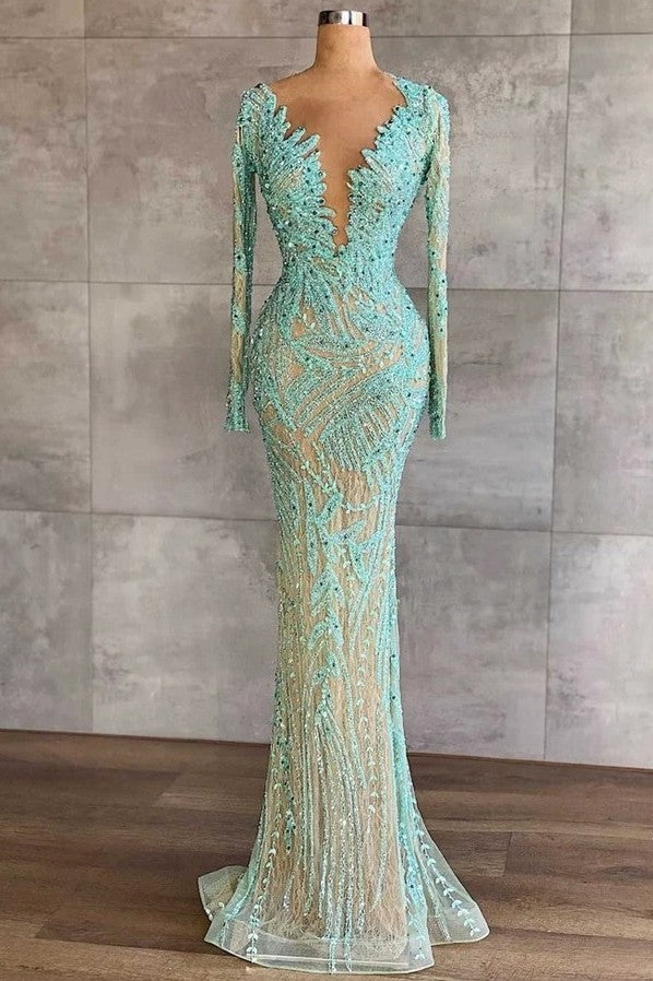 Long Sleeve Mermaid Tulle Prom Dress with Beading and Sequins