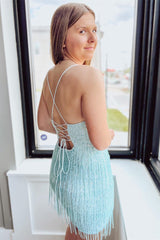 Light Blue Sequins Lace-Up Bodycon Homecoming Dress with Tassels