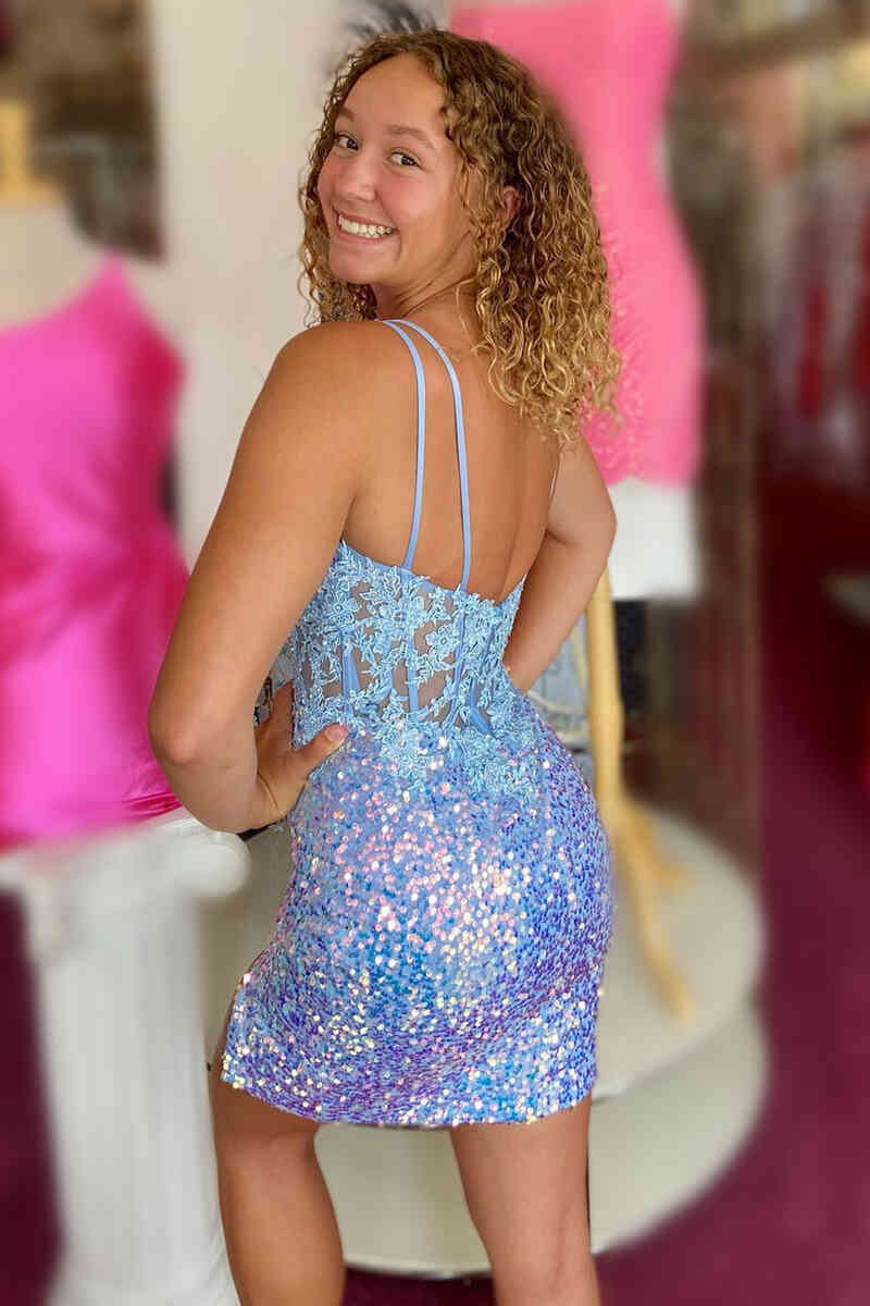 Light Blue Sheer Lace Bodice Bodycon Homecoming Dress