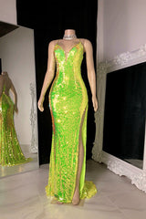 Light Green Halter V Neck Prom Dress with Sequins and Split