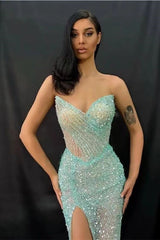 Light Green Strapless Sweetheart Mermaid Long Prom Dress with Sequins and Split