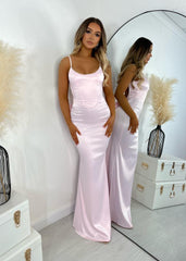Light Pink Backless Long Sleeveless Halter Prom Dress