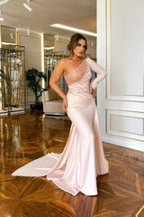 Light Pink One-Shoulder Long Mermaid Prom Dress