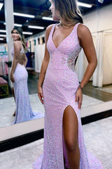 Light Pink Shining Evening Dress A-Line with Appliques V Neck and Slit