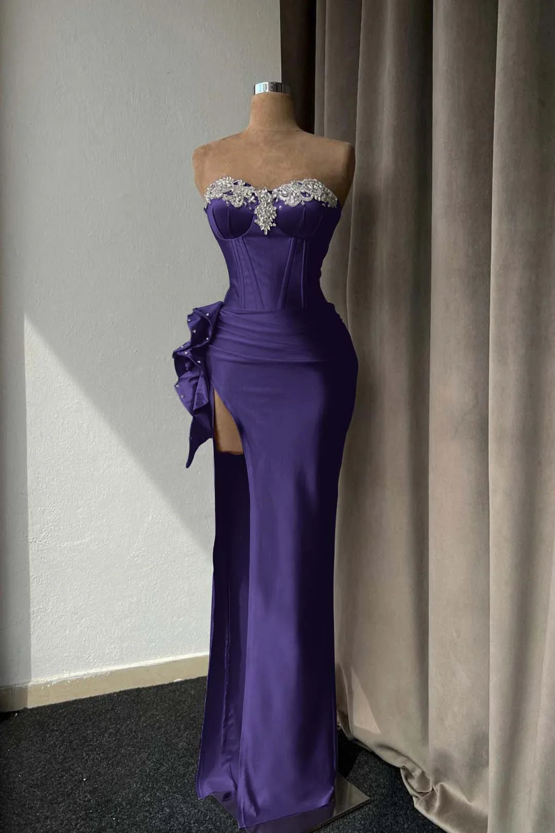 Light Purple Prom Dress with Rhinestone and High Split