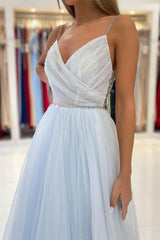 Light Sky Blue Spaghetti-Straps Tulle Long Prom Dress with Beads