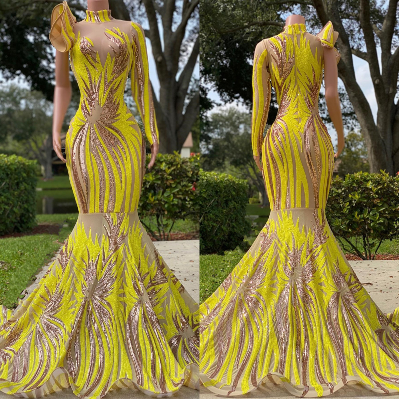 Light Yellow One-Shoulder Halter Mermaid Prom Dress