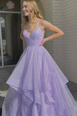Lilac Spaghetti Strap V Neck A-Line Long Prom Dress with Tulle