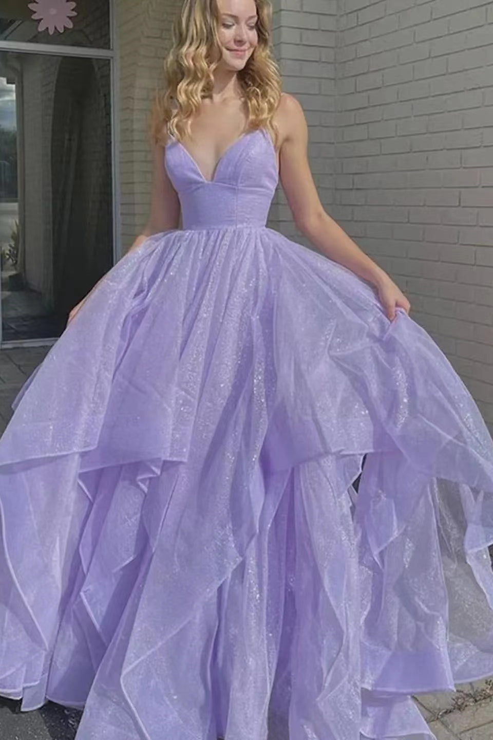 Lilac Spaghetti Strap V Neck A-Line Long Prom Dress with Tulle