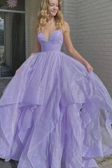 Lilac Spaghetti Strap V Neck A-Line Long Prom Dress with Tulle