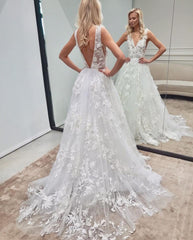Long A-line Backless Wedding Dress With Tulle Lace V-neck