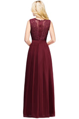 Long A line Crew Neck Floor Length Floral Lace Chiffon Wedding Guest Dress