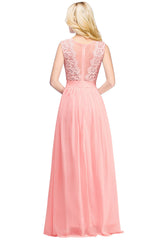 Long A line Crew Neck Floor Length Floral Lace Chiffon Wedding Guest Dress