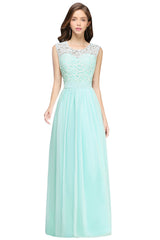 Long A line Crew Neck Floor Length Floral Lace Chiffon Wedding Guest Dress