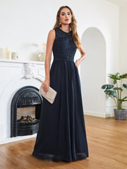 Long A line Crew Neck Floor Length Floral Lace Chiffon Wedding Guest Dress