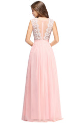 Long A line Crew Neck Floor Length Floral Lace Chiffon Wedding Guest Dress