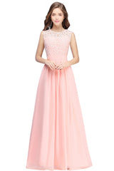 Long A line Crew Neck Floor Length Floral Lace Chiffon Wedding Guest Dress