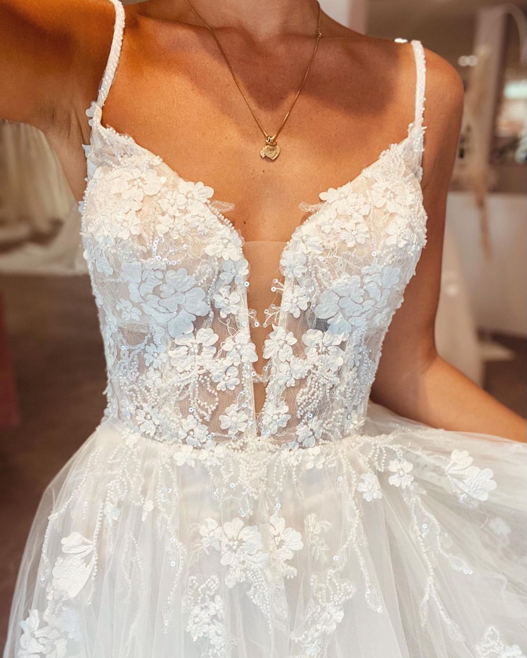 Long A-Line Deep V-Neck Spaghetti Strap Backless Wedding Dress with Lace Tulle