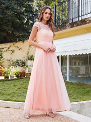 Long A line Evening Dress Scoop Neck Tulle Bridesmaid Dresses