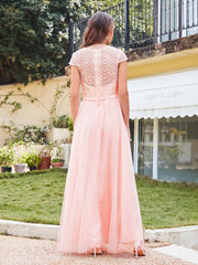 Long A line Evening Dress Scoop Neck Tulle Bridesmaid Dresses