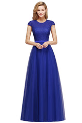 Long A line Evening Dress Scoop Neck Tulle Bridesmaid Dresses