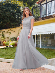 Long A line Evening Dress Scoop Neck Tulle Bridesmaid Dresses