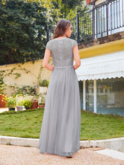 Long A line Evening Dress Scoop Neck Tulle Bridesmaid Dresses