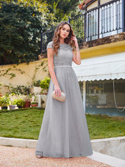 Long A line Evening Dress Scoop Neck Tulle Bridesmaid Dresses
