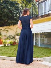 Long A line Evening Dress Scoop Neck Tulle Bridesmaid Dresses