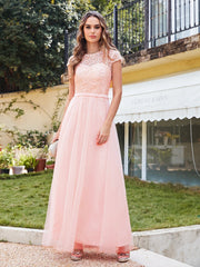 Long A line Evening Dress Scoop Neck Tulle Bridesmaid Dresses