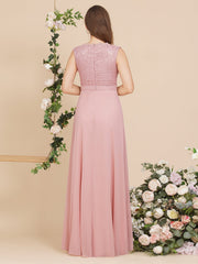 Long A Line Floral Lace Floor Length Sleeveless Chiffon Bridesmaid Dress