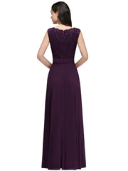 Long A Line Floral Lace Floor Length Sleeveless Chiffon Bridesmaid Dress