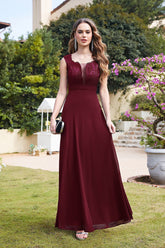 Long A Line Floral Lace Floor Length Sleeveless Chiffon Bridesmaid Dress