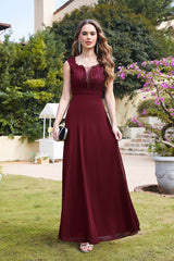 Long A Line Floral Lace Floor Length Sleeveless Chiffon Bridesmaid Dress
