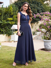 Long A Line Floral Lace Floor Length Sleeveless Chiffon Bridesmaid Dress