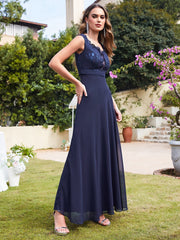 Long A Line Floral Lace Floor Length Sleeveless Chiffon Bridesmaid Dress
