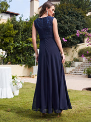 Long A Line Floral Lace Floor Length Sleeveless Chiffon Bridesmaid Dress