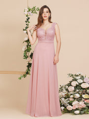Long A Line Floral Lace Floor Length Sleeveless Chiffon Bridesmaid Dress