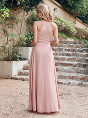 Long A Line Halter Floor Length Floral Lace Chiffon Evening Dress