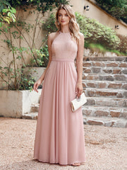 Long A Line Halter Floor Length Floral Lace Chiffon Evening Dress