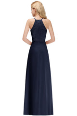 Long A Line Halter Floor Length Floral Lace Chiffon Evening Dress